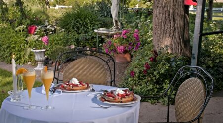 outdoor table, waffles, fruit, orange juice, mimosas, garden